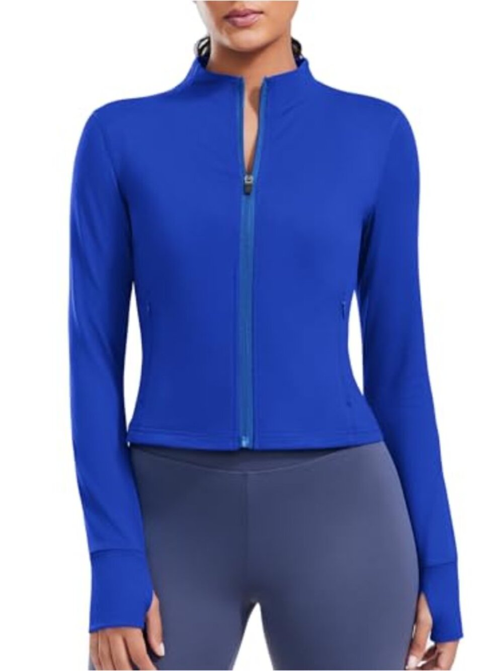 Cropped Slim Fit Athletic Jacket Thumb Holes Full Zip Running Zip Pockets